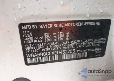 2014 BMW 640I Gran Coupe xDrive from USA, damaged, VIN WBA6B8C5XED452755